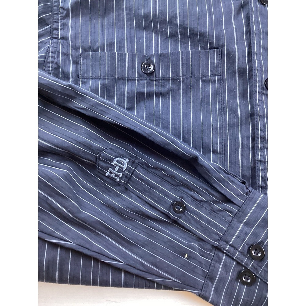 Harley Davidson Mens Sz M LS Black gray Pinstripe 2 Pockets Metal Logo Plaque - Picture 2 of 15